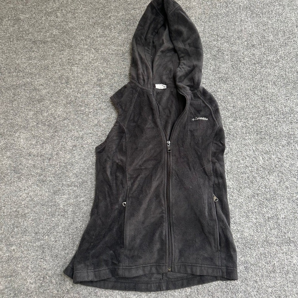 Columbia Fleece Vest Womens Size XS Black Hooded Full Zip Outdoor Pockets Casual